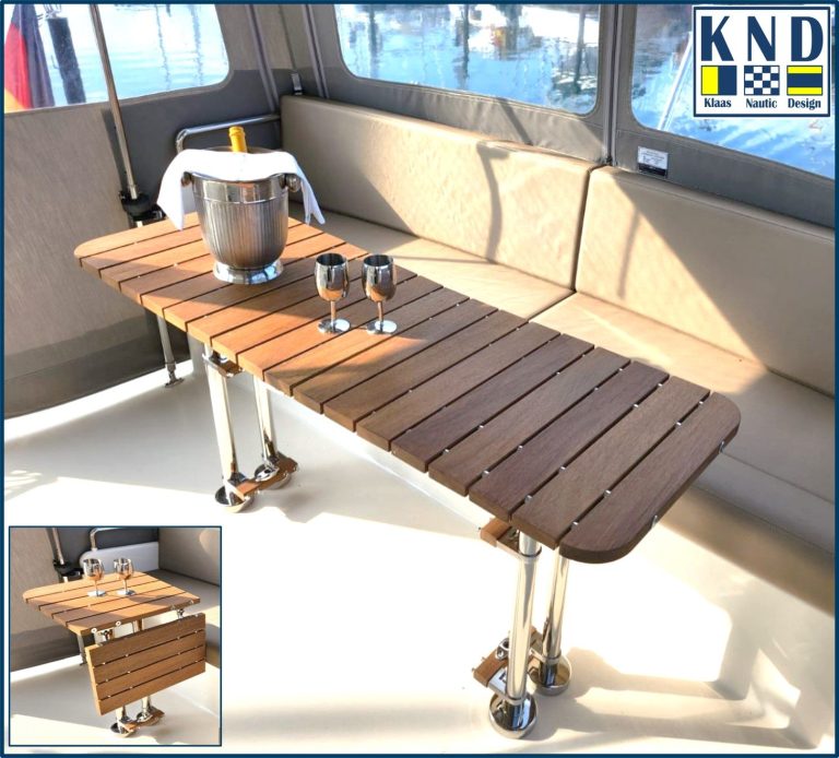 Boot Cockpit Tisch Tischflügel klappbar Boot Cockpit Tisch Guyana Teak Edelstahl V4A auf einer Linssen 410, bei eingeklappter Tischplatten mittiger Durchgang